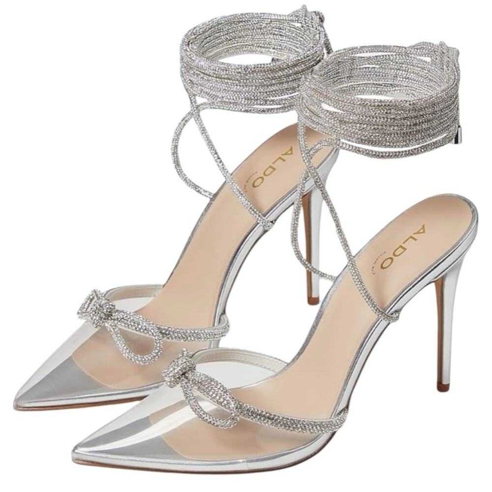 Aldo Halalia Silver Rhinestone Clear Point Bow Embellished Heels Pumps size 7